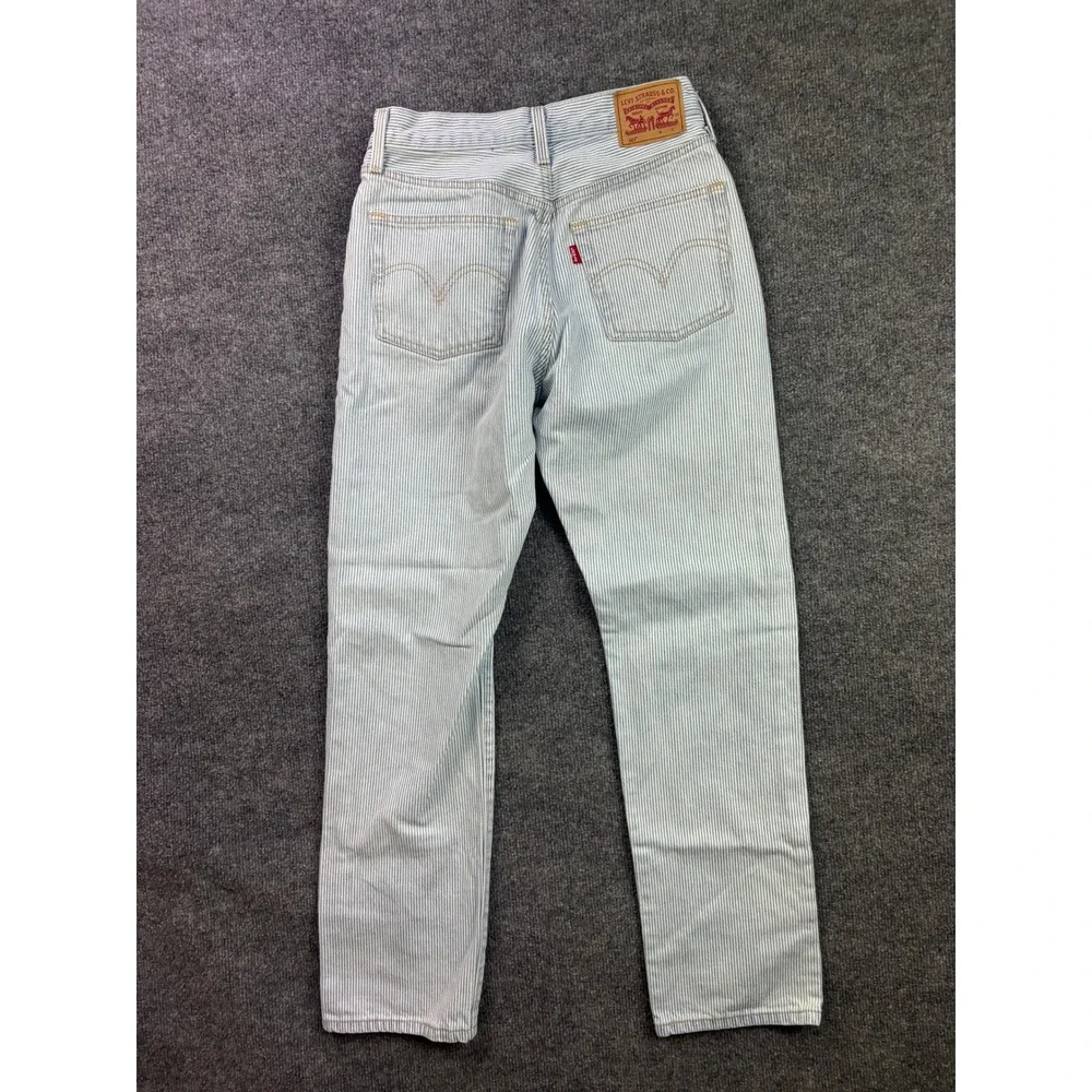 Levi's 501 Jeans Womens 28 Blue White Hickory Stripe High Rise Straight Leg